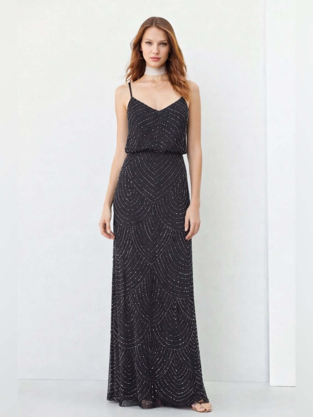 Adrianna Papell Gunmetal Beaded Gown Size 4P NWT Charcoal Formal Dress Art Deco